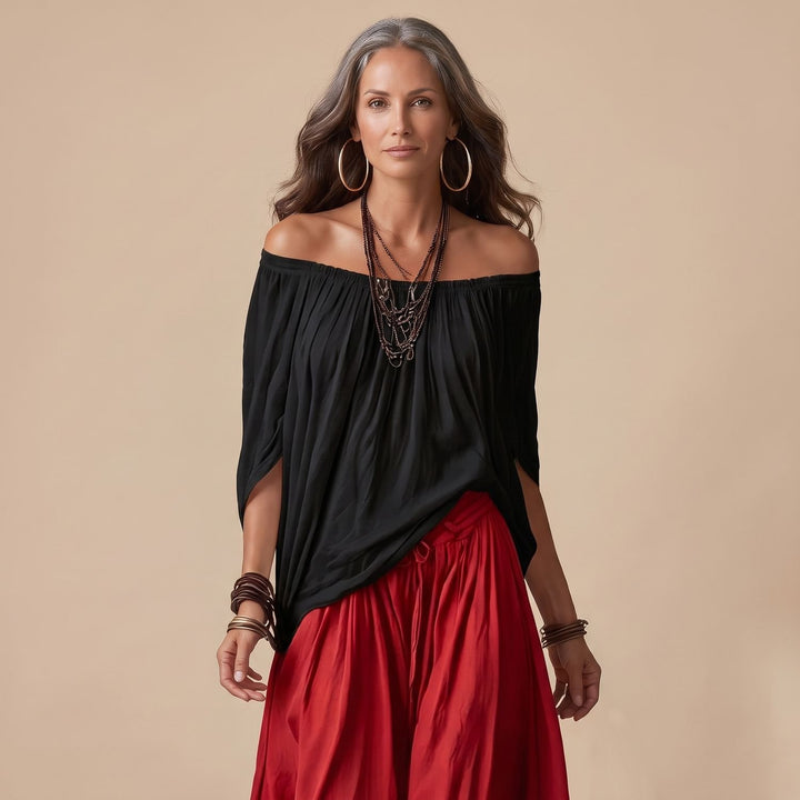 Damen Eleganter Zweiteiler Off-Shoulder Top Puffärmel Weite Haremshose