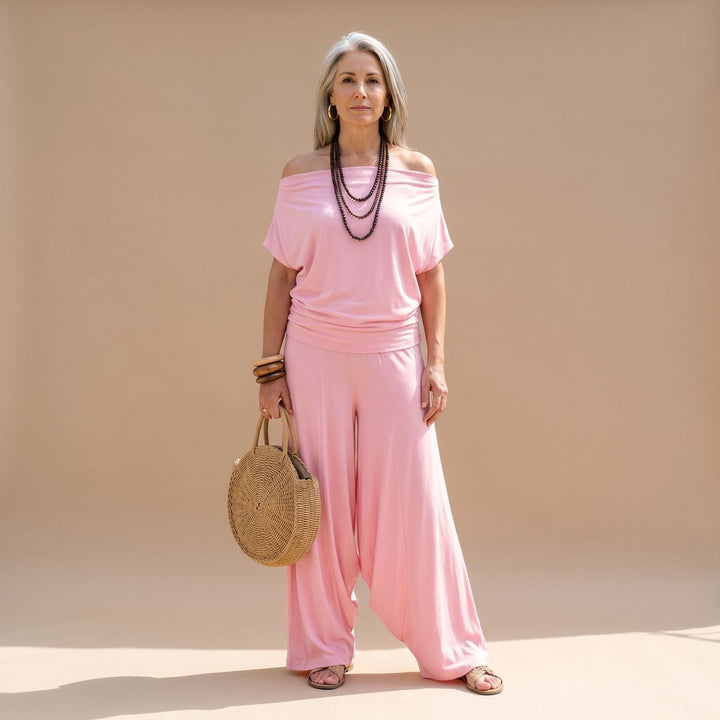 Damen Eleganter Zweiteiler Off-Shoulder Top Puffärmel Weite Haremshose - Rosa