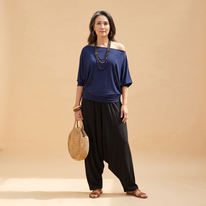 Damen Eleganter Zweiteiler Off-Shoulder Top Puffärmel Weite Haremshose - Schwarz Marineblau