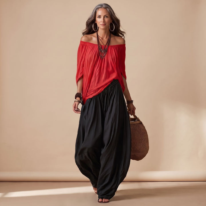 Damen Eleganter Zweiteiler Off-Shoulder Top Puffärmel Weite Haremshose - Rot Schwarz