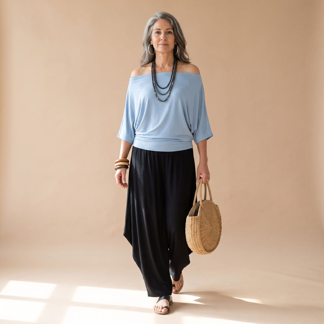 Damen Eleganter Zweiteiler Off-Shoulder Top Puffärmel Weite Haremshose - Schwarz Hellblau