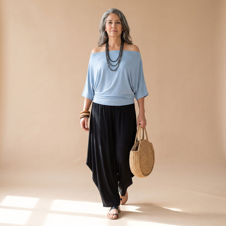 Damen Eleganter Zweiteiler Off-Shoulder Top Puffärmel Weite Haremshose - Schwarz Hellblau