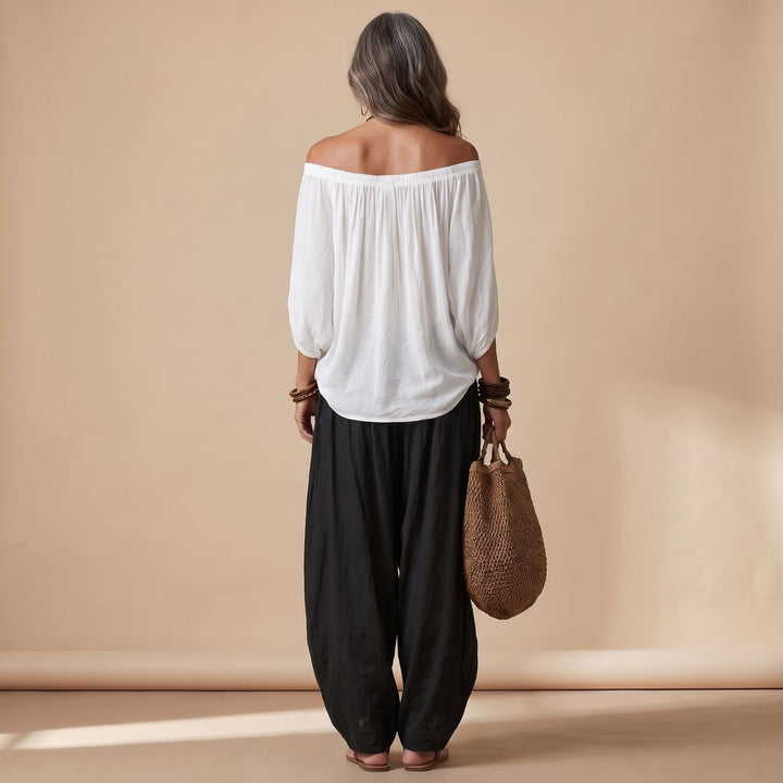 Damen Eleganter Zweiteiler Off-Shoulder Top Puffärmel Weite Haremshose