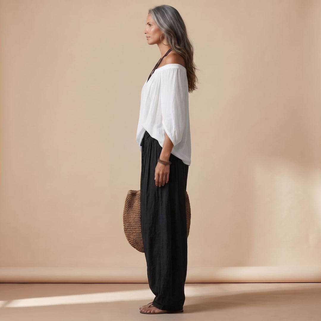 Damen Eleganter Zweiteiler Off-Shoulder Top Puffärmel Weite Haremshose