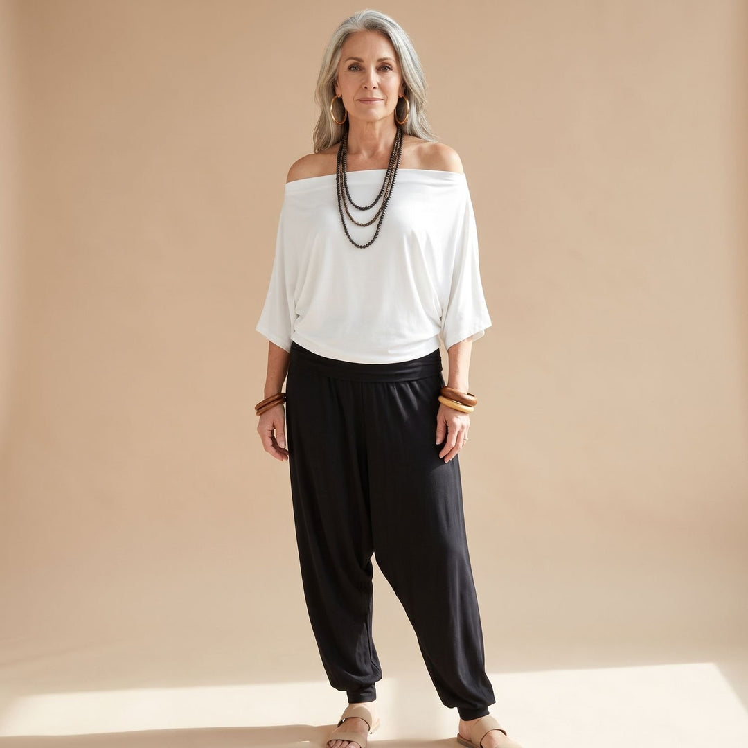 Damen Eleganter Zweiteiler Off-Shoulder Top Puffärmel Weite Haremshose