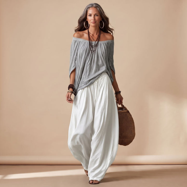 Damen Eleganter Zweiteiler Off-Shoulder Top Puffärmel Weite Haremshose - Grau Weiß