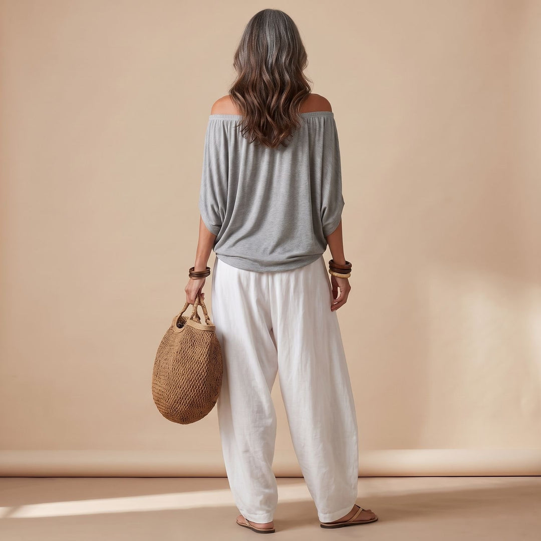 Damen Eleganter Zweiteiler Off-Shoulder Top Puffärmel Weite Haremshose