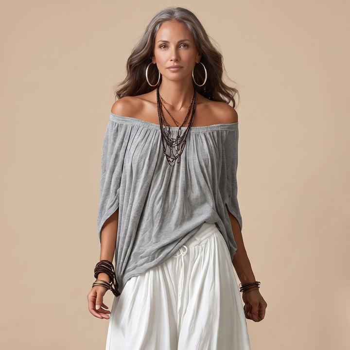 Damen Eleganter Zweiteiler Off-Shoulder Top Puffärmel Weite Haremshose