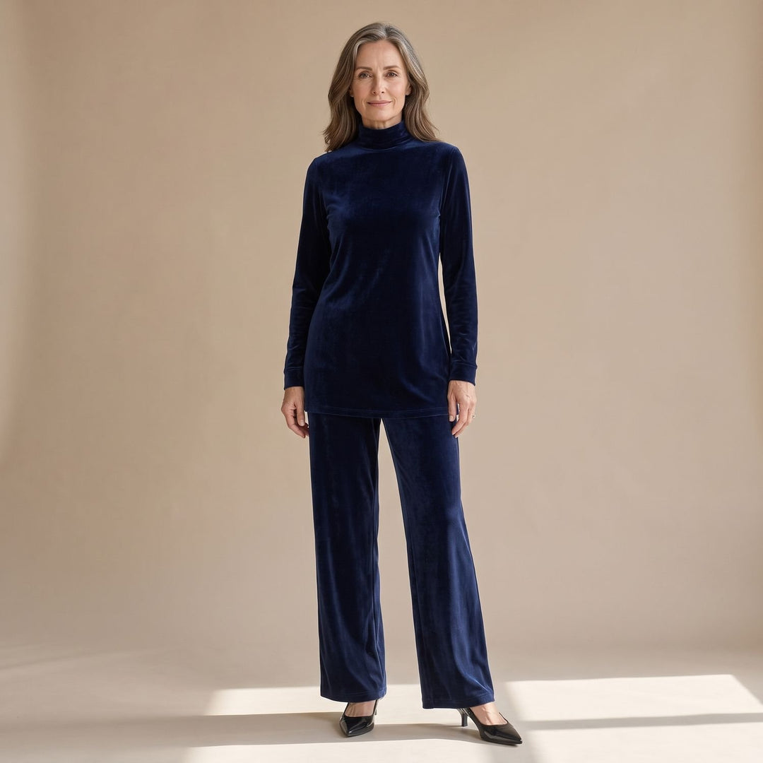 Damen Eleganter Zweiteiler Samt Rollkragen Tunika Weites Bein - Blau