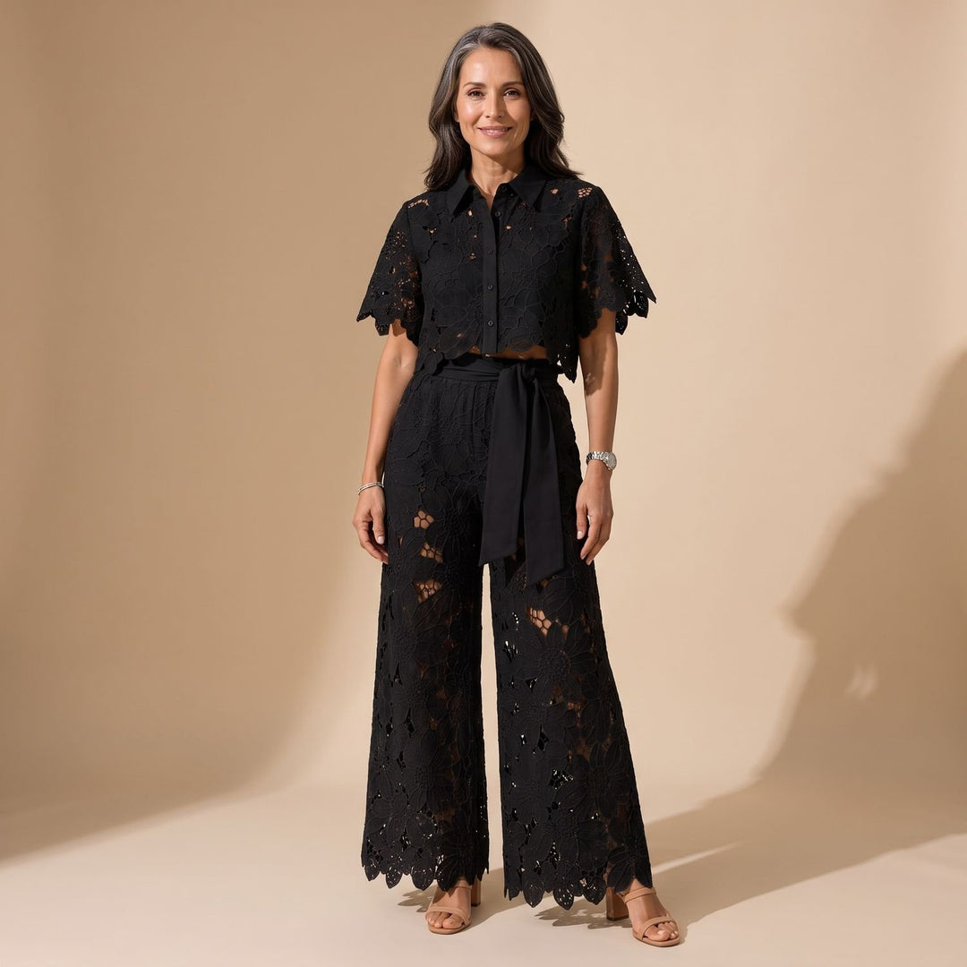 Damen Eleganter Zweiteiler Spitze Cropped Hemd Weite Hose - Schwarz