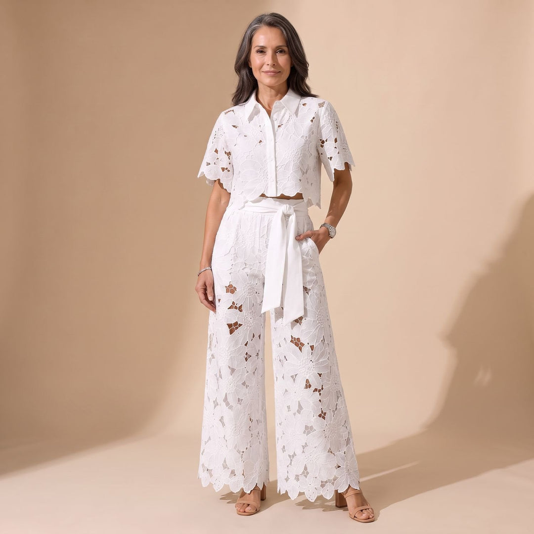 Damen Eleganter Zweiteiler Spitze Cropped Hemd Weite Hose - Weiß