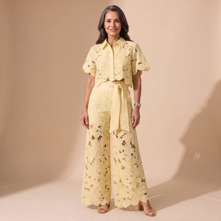 Damen Eleganter Zweiteiler Spitze Cropped Hemd Weite Hose - Gelb