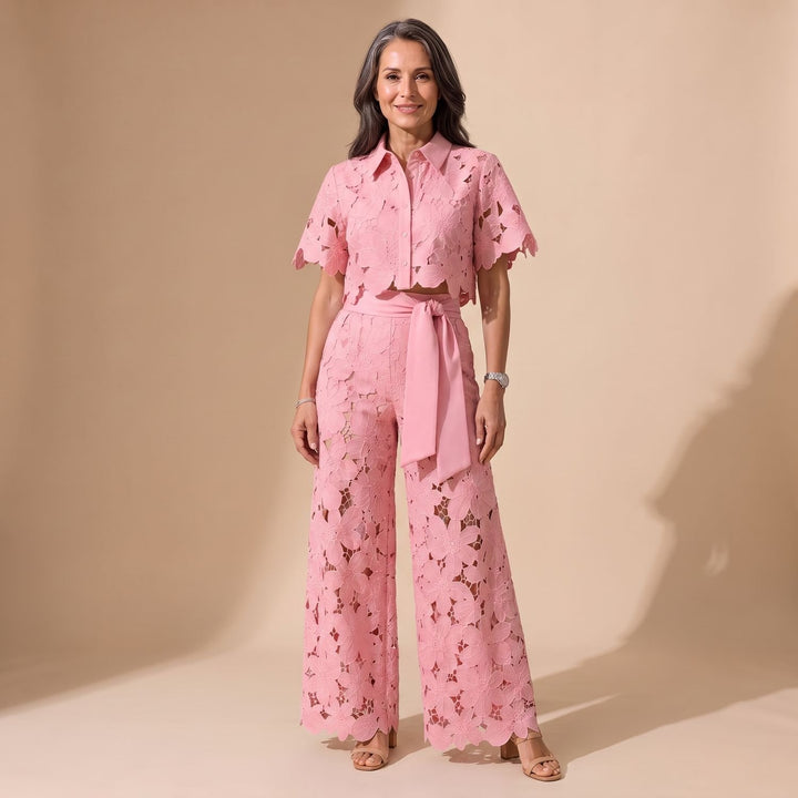 Damen Eleganter Zweiteiler Spitze Cropped Hemd Weite Hose - Rosa
