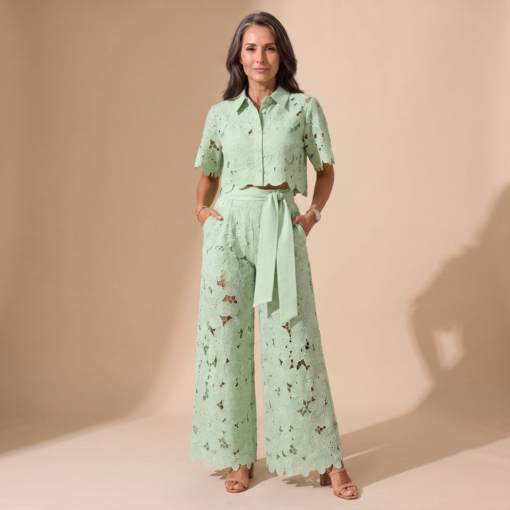 Damen Eleganter Zweiteiler Spitze Cropped Hemd Weite Hose - Grün