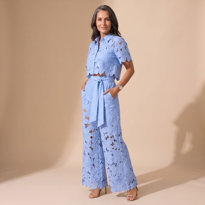 Damen Eleganter Zweiteiler Spitze Cropped Hemd Weite Hose - Blau