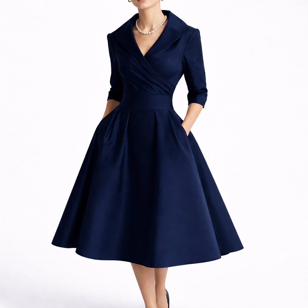 Damen Elegantes A-Linien Midi-Kleid für Hochzeitsgäste im Herbst - Marineblau