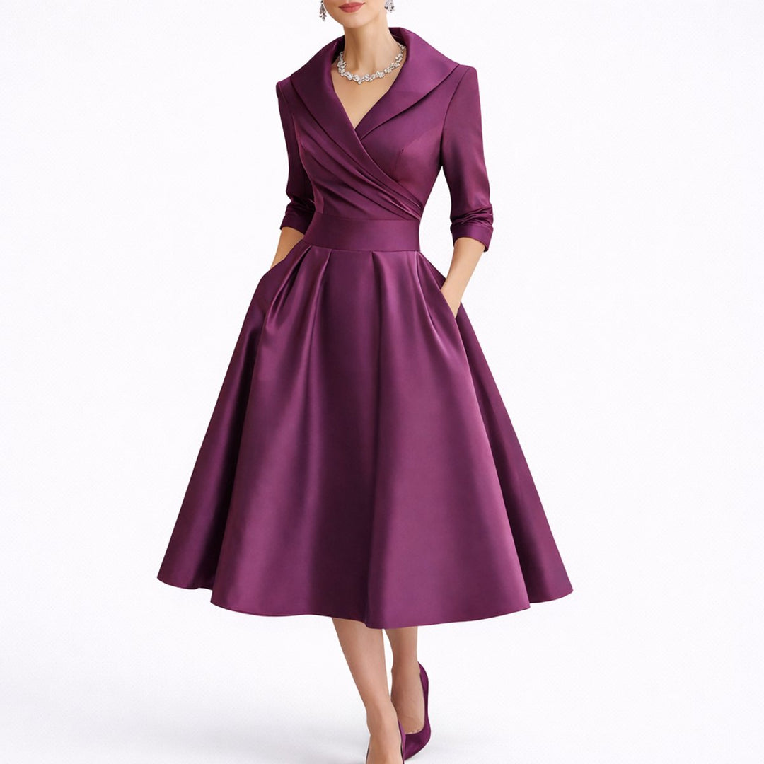 Damen Elegantes A-Linien Midi-Kleid für Hochzeitsgäste im Herbst - Lila