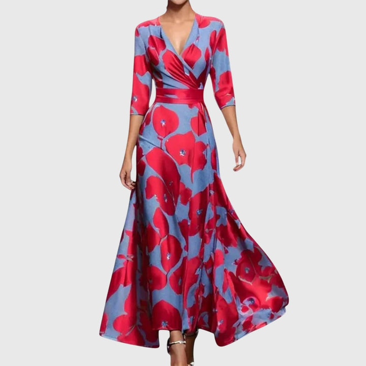 Damen Elegantes Blumen-Maxi-Wickelkleid mit 3/4-Ärmeln V-Ausschnitt - Rot
