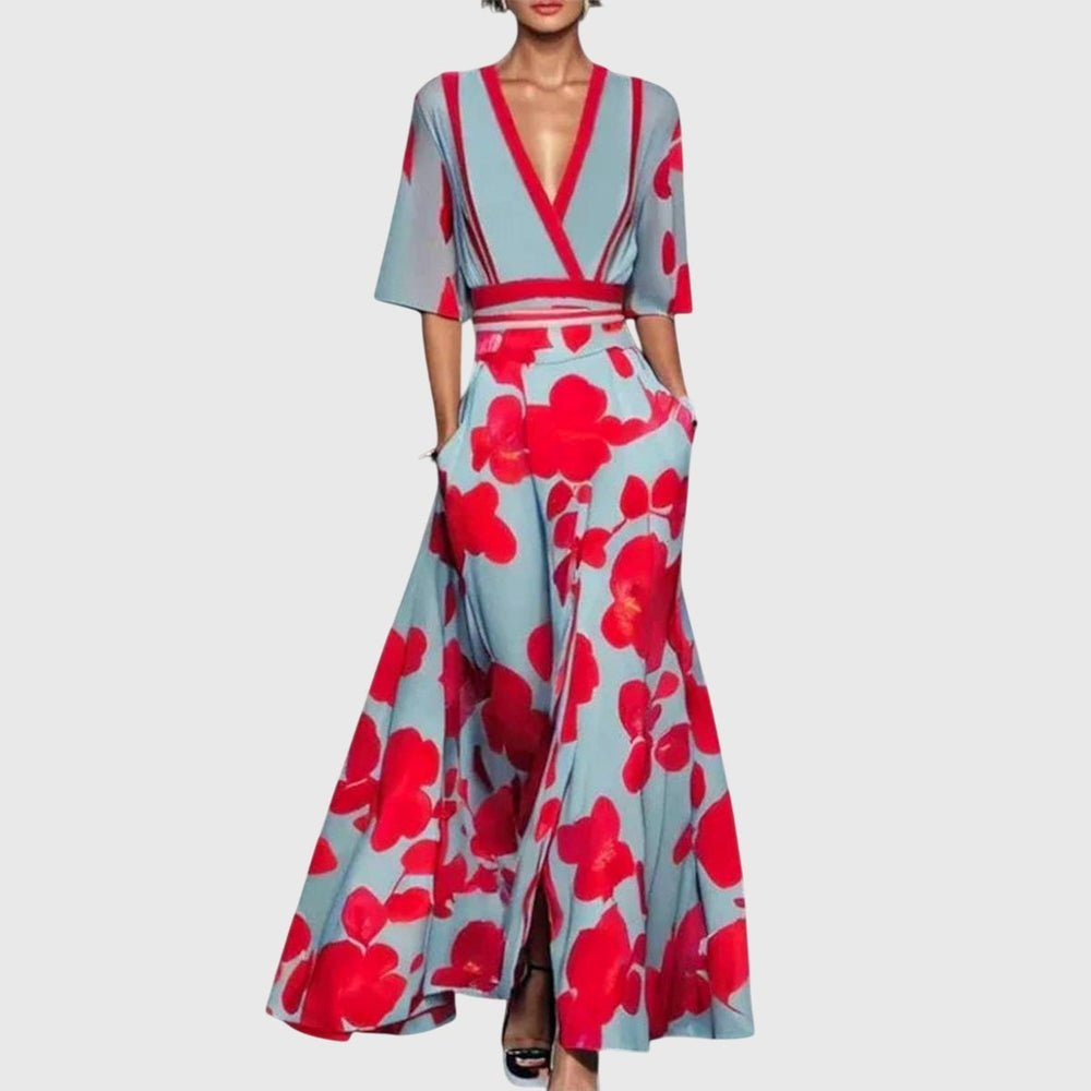 Damen Elegantes Blumen-Maxi-Wickelkleid mit 3/4-Ärmeln V-Ausschnitt - Blau Rot