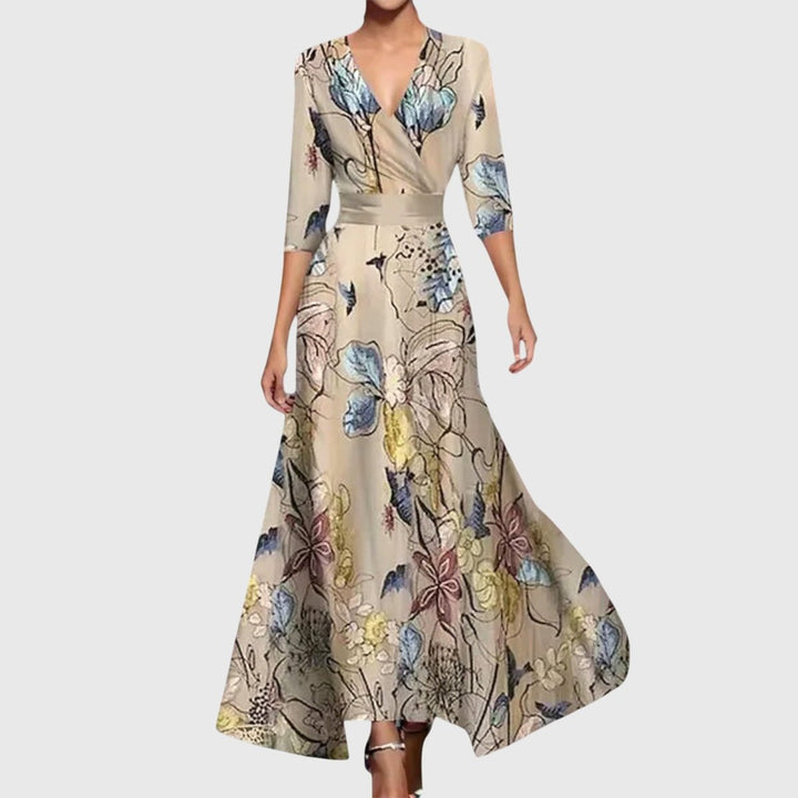 Damen Elegantes Blumen-Maxi-Wickelkleid mit 3/4-Ärmeln V-Ausschnitt - Champagner