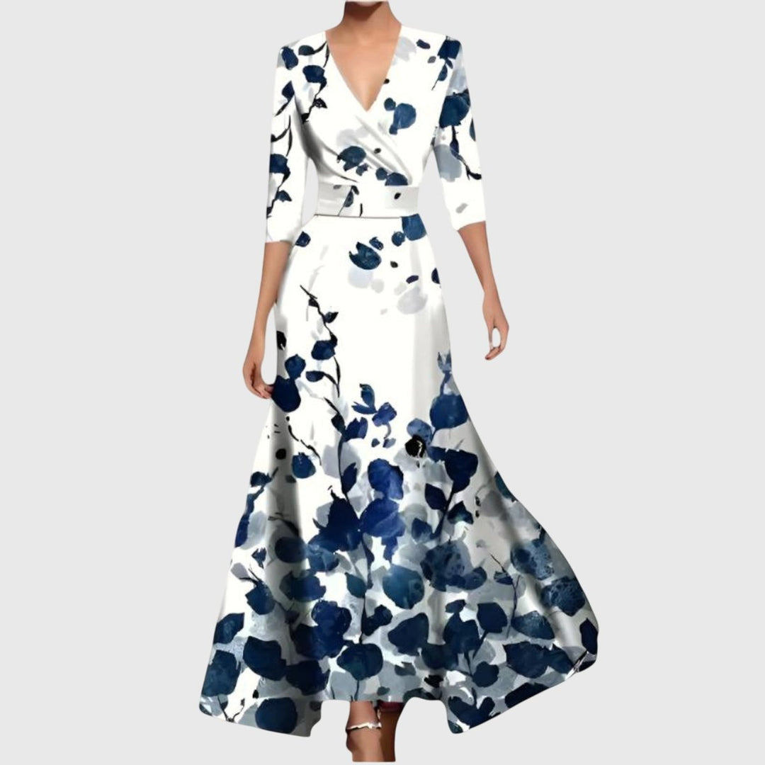 Damen Elegantes Blumen-Maxi-Wickelkleid mit 3/4-Ärmeln V-Ausschnitt - Blau