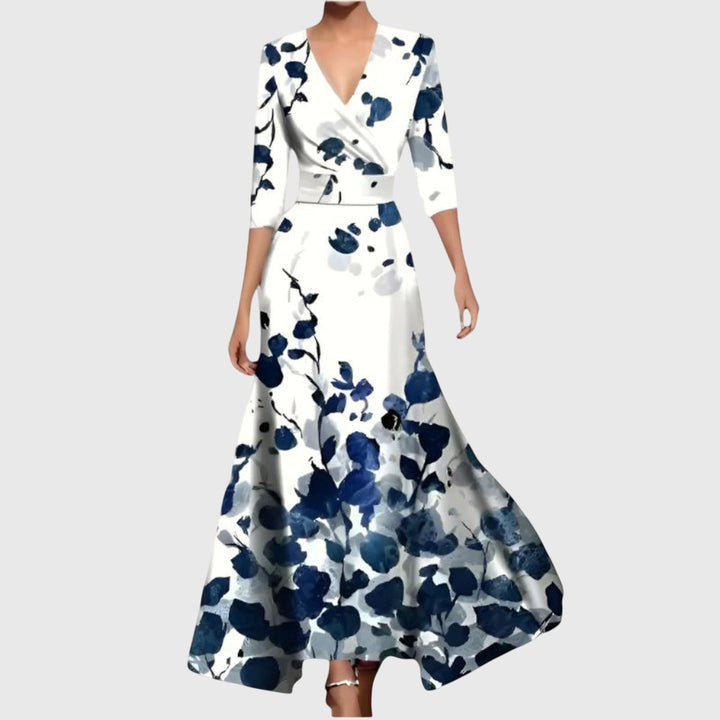 Damen Elegantes Blumen-Maxi-Wickelkleid mit 3/4-Ärmeln V-Ausschnitt - Blau