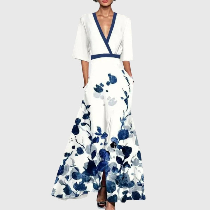 Damen Elegantes Blumen-Maxi-Wickelkleid mit 3/4-Ärmeln V-Ausschnitt - Weiß