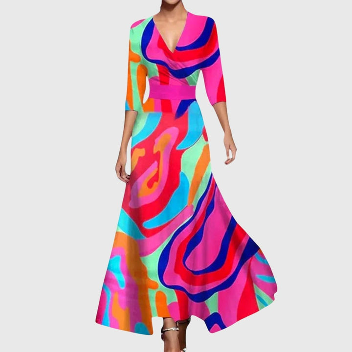 Damen Elegantes Blumen-Maxi-Wickelkleid mit 3/4-Ärmeln V-Ausschnitt - Mehrfarbig