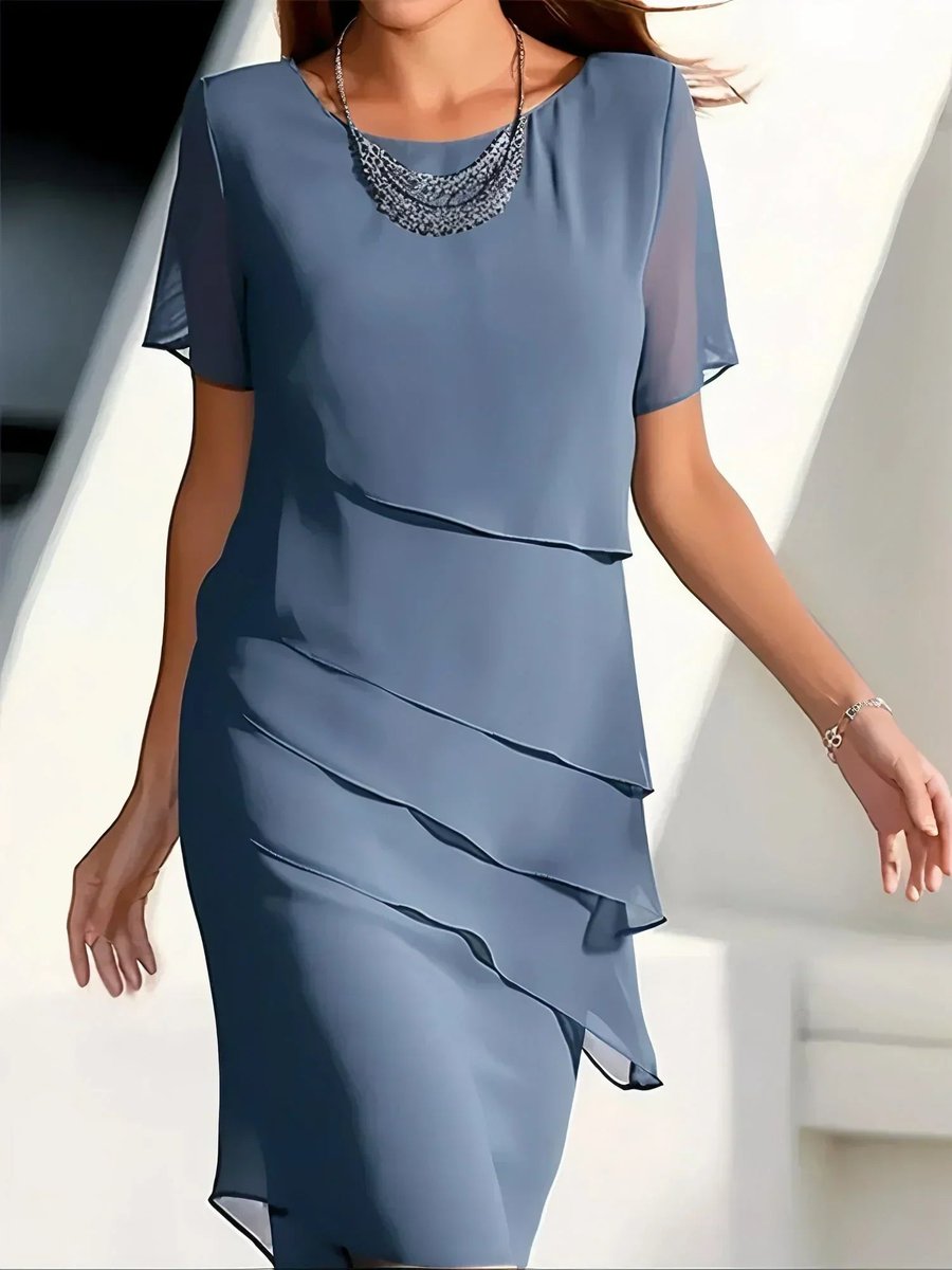 Damen Elegantes Chiffon Cocktailkleid Gestufte Lagen Rundhals - Blau