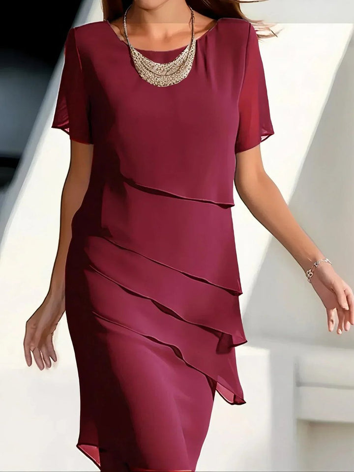 Damen Elegantes Chiffon Cocktailkleid Gestufte Lagen Rundhals - Rot