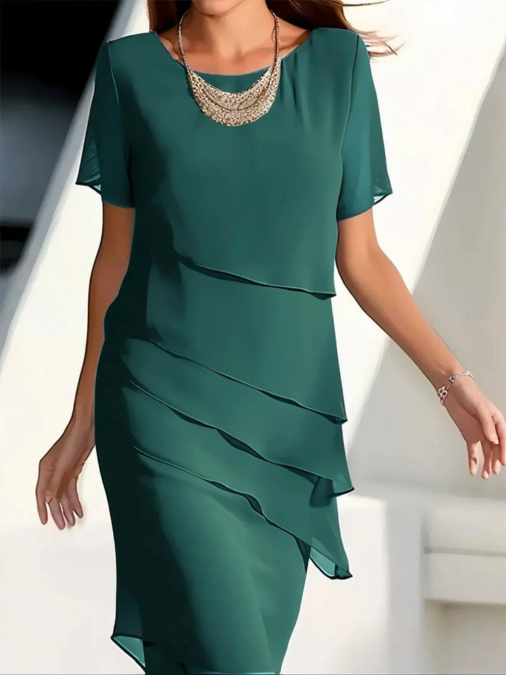 Damen Elegantes Chiffon Cocktailkleid Gestufte Lagen Rundhals - Grün