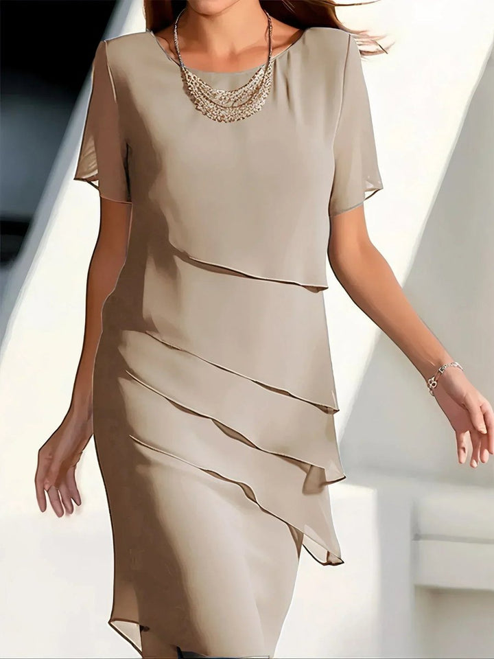 Damen Elegantes Chiffon Cocktailkleid Gestufte Lagen Rundhals - Beige