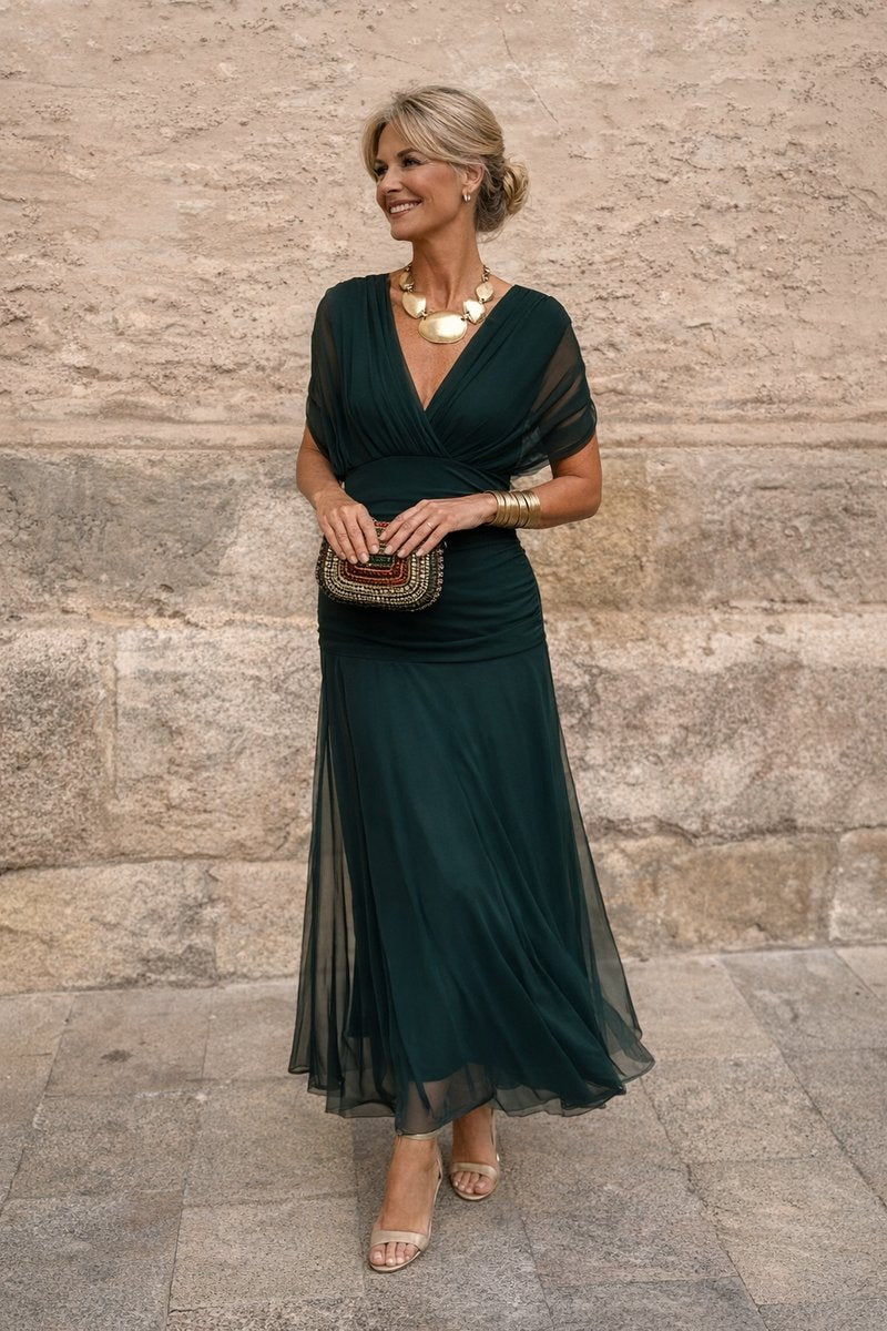 Damen Elegantes Cocktailkleid Maxi V-Ausschnitt Chiffon Festkleid - Flaschengrün