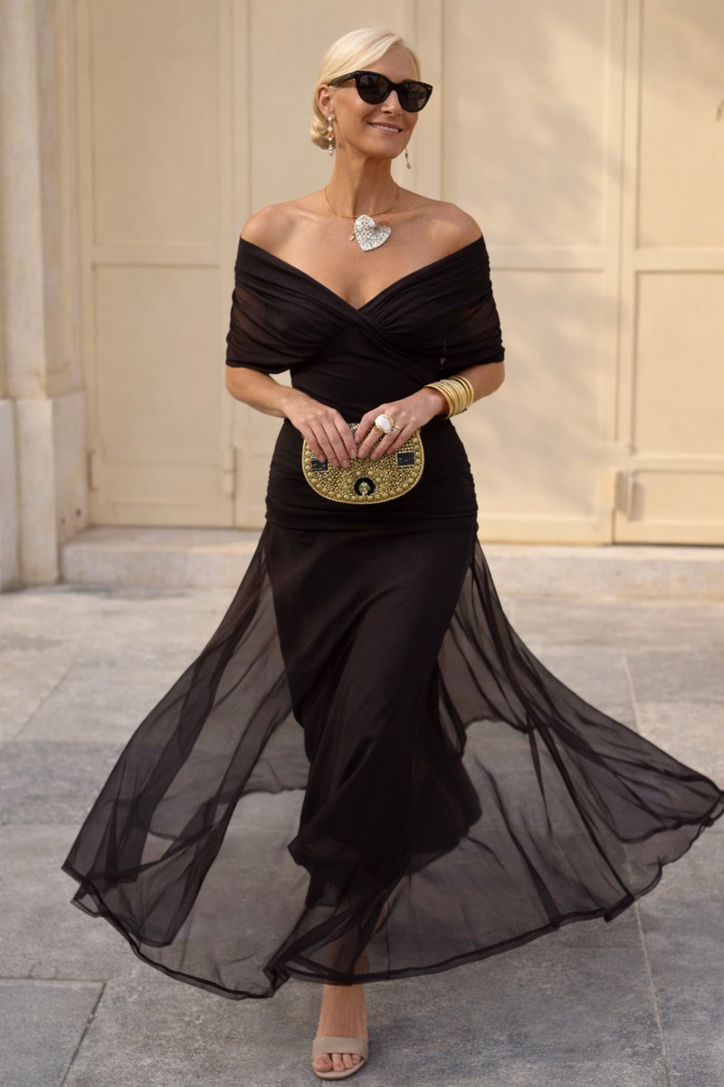Damen Elegantes Cocktailkleid Maxi V-Ausschnitt Chiffon Festkleid - Nachtbraun