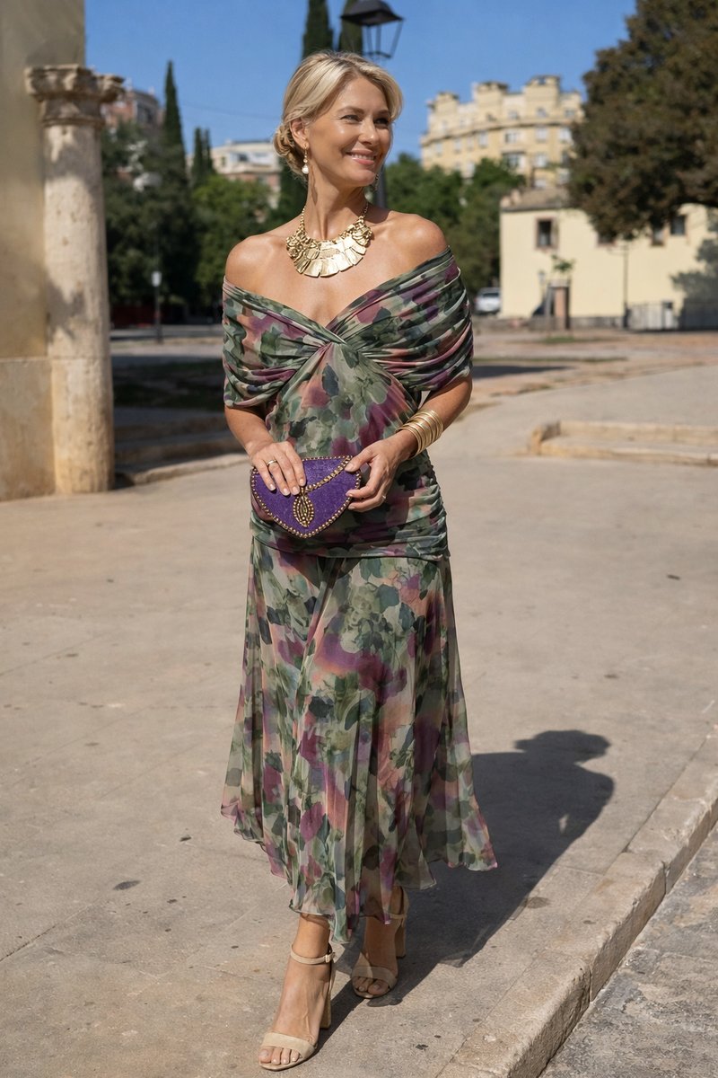 Damen Elegantes Cocktailkleid Maxi V-Ausschnitt Chiffon Festkleid - Blumenstrauß