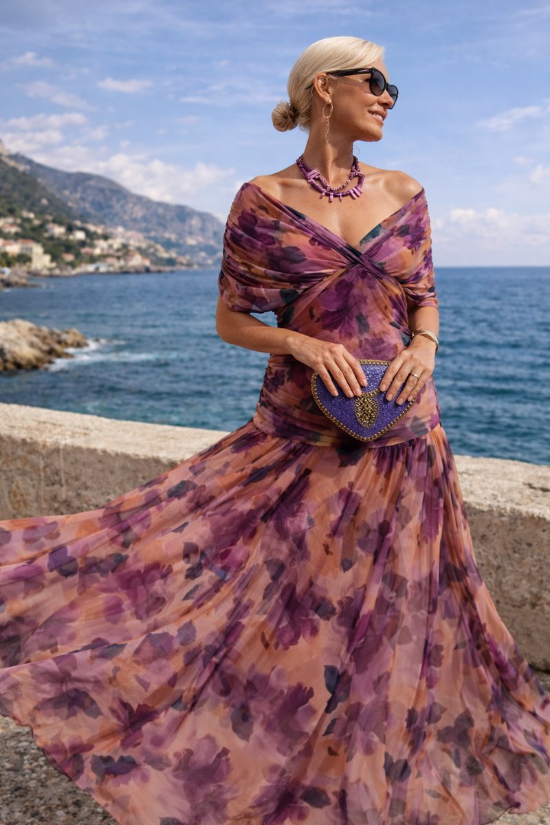 Damen Elegantes Cocktailkleid Maxi V-Ausschnitt Chiffon Festkleid - Verzauberter Garten