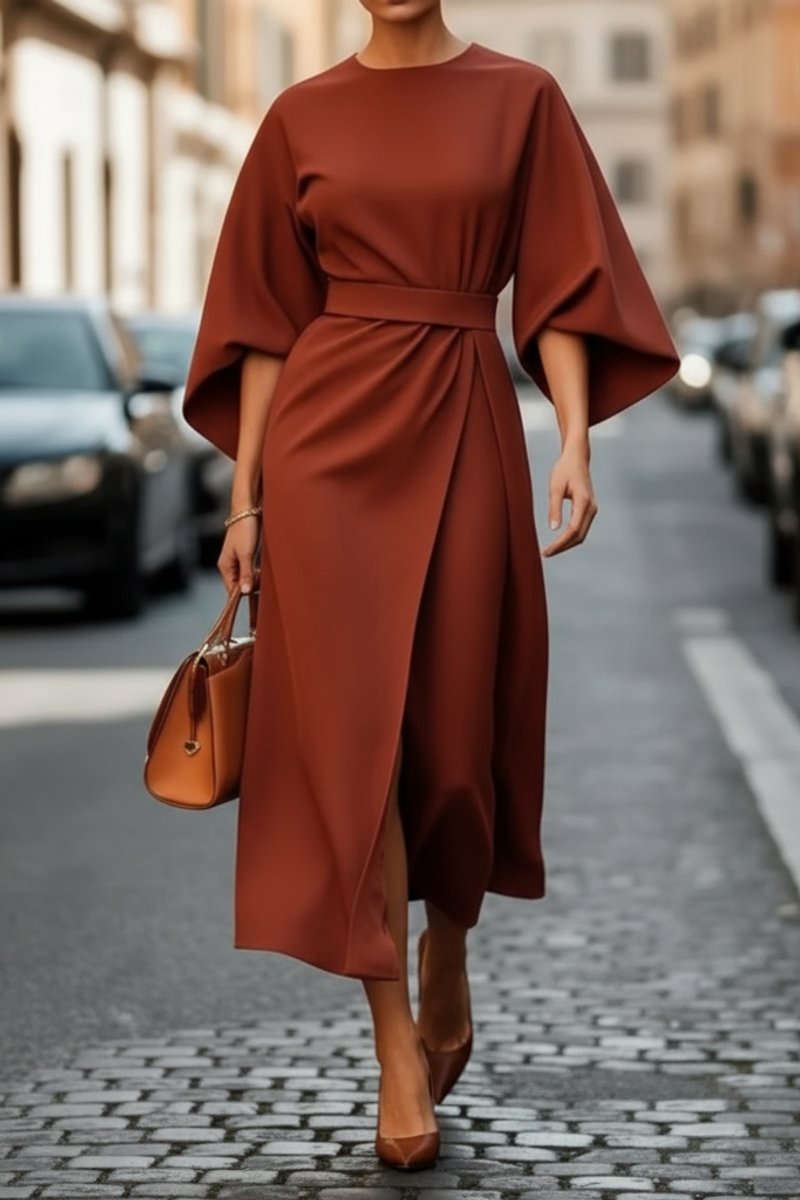 Damen Elegantes Cocktailkleid mit Laternenärmeln Taillengürtel Midi - Rust Brown