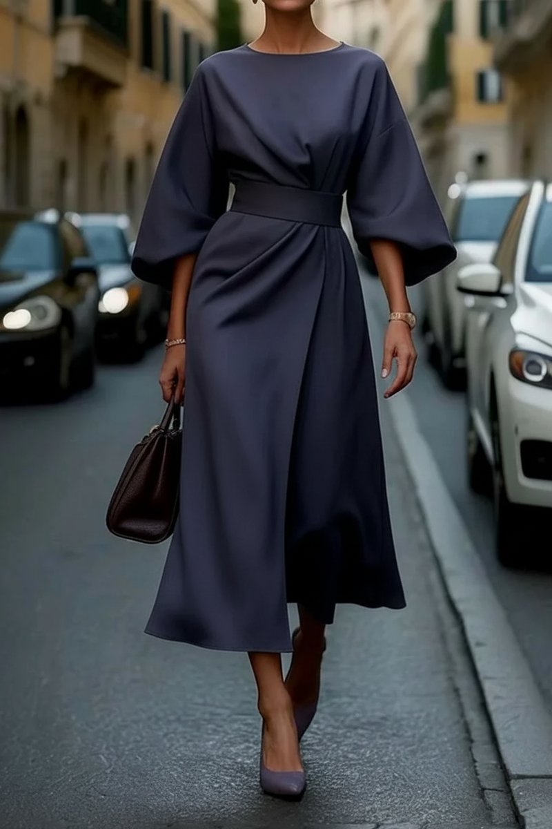Damen Elegantes Cocktailkleid mit Laternenärmeln Taillengürtel Midi - Navy Blue