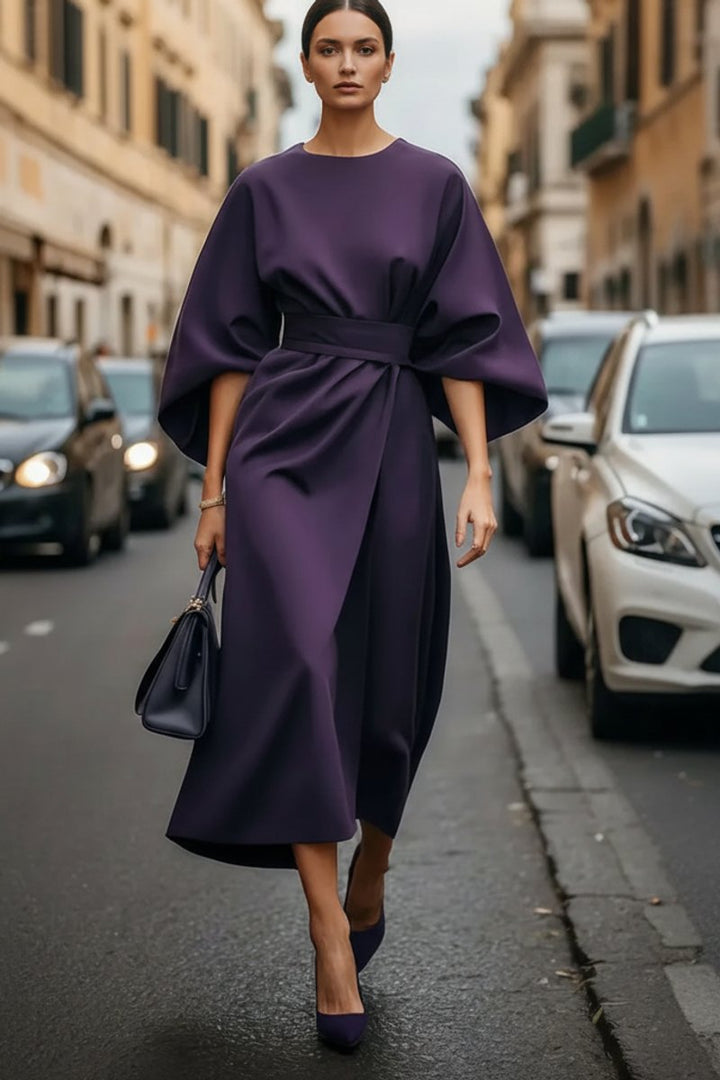 Damen Elegantes Cocktailkleid mit Laternenärmeln Taillengürtel Midi