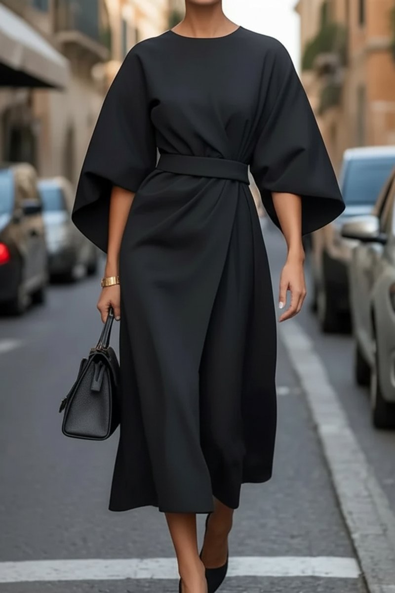 Damen Elegantes Cocktailkleid mit Laternenärmeln Taillengürtel Midi - Black