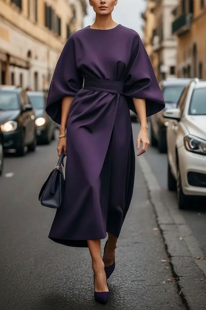 Damen Elegantes Cocktailkleid mit Laternenärmeln Taillengürtel Midi - Purple