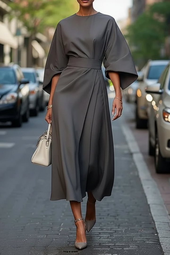 Damen Elegantes Cocktailkleid mit Laternenärmeln Taillengürtel Midi - Gray
