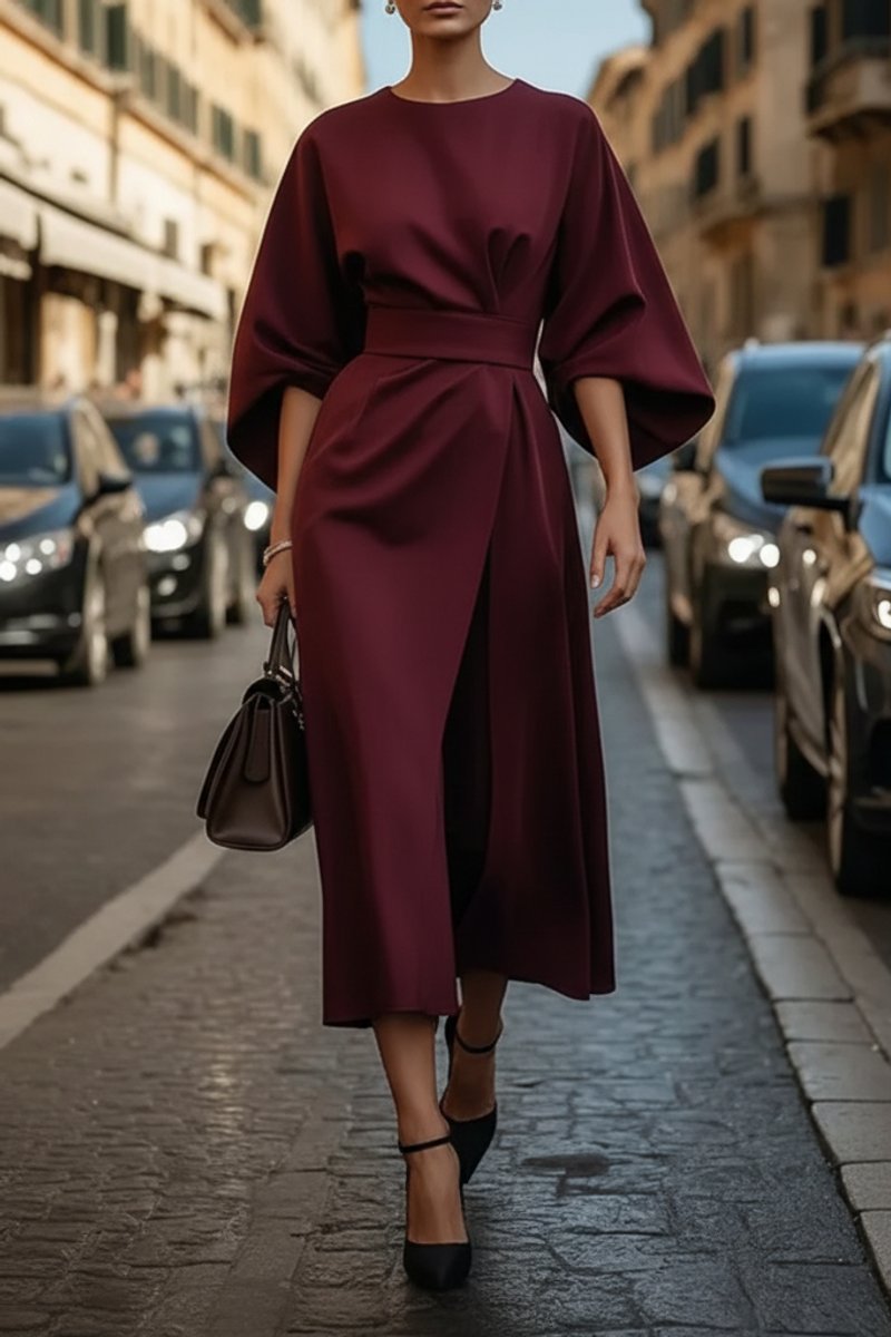 Damen Elegantes Cocktailkleid mit Laternenärmeln Taillengürtel Midi - Burgundy