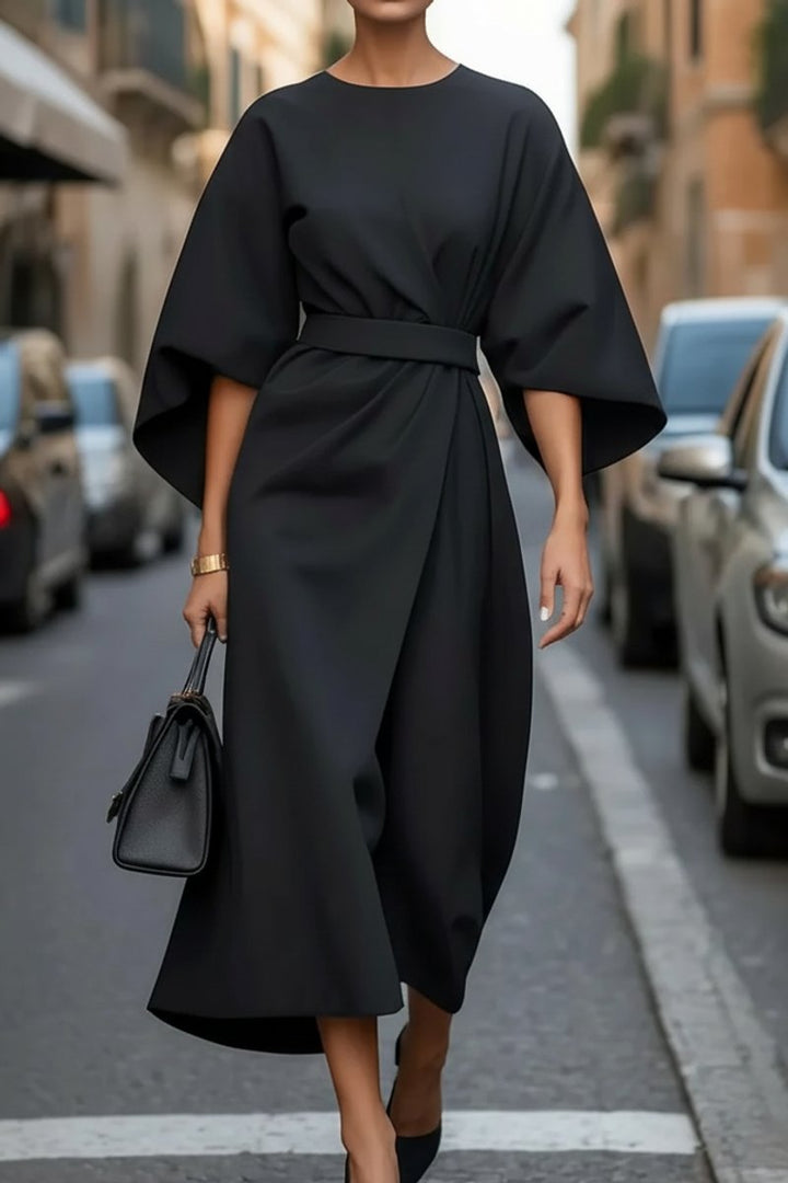 Damen Elegantes Cocktailkleid mit Laternenärmeln Taillengürtel Midi