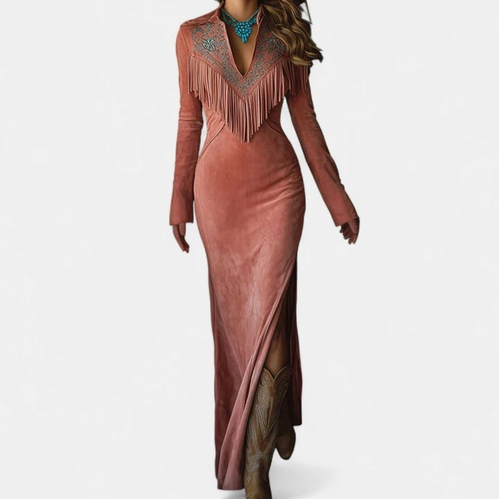 Damen Elegantes Fransen-Maxikleid im Western-Stil Langarm