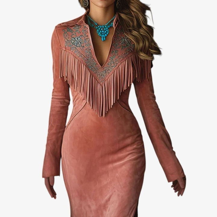 Damen Elegantes Fransen-Maxikleid im Western-Stil Langarm
