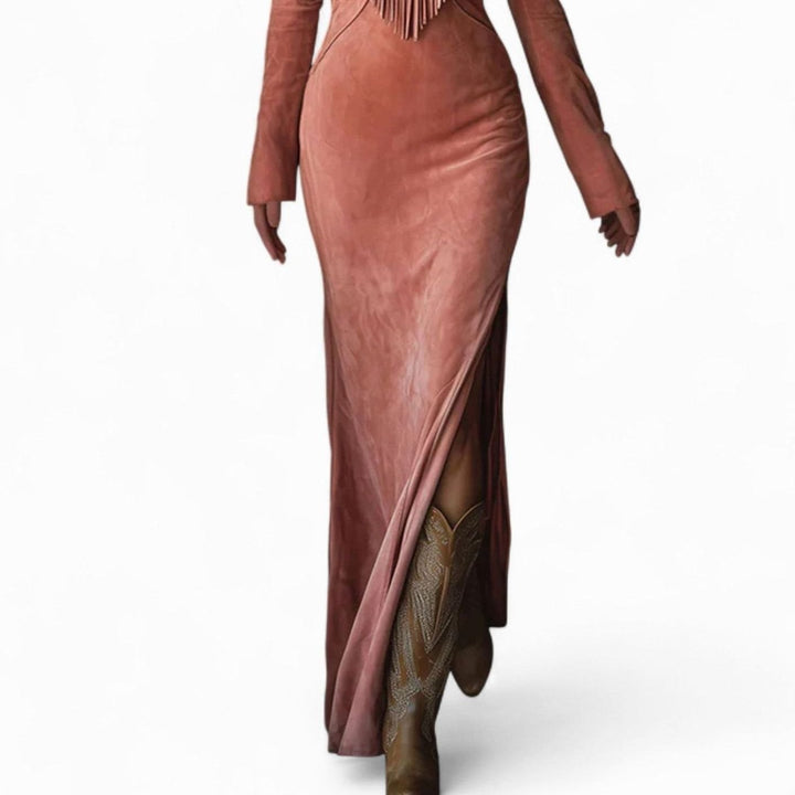 Damen Elegantes Fransen-Maxikleid im Western-Stil Langarm