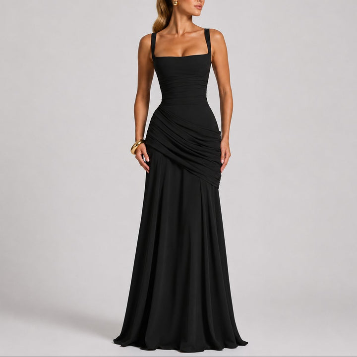 Damen Elegantes Gerafftes Maxi Hochzeitskleid Abendkleid Quadratausschnitt - Schwarz