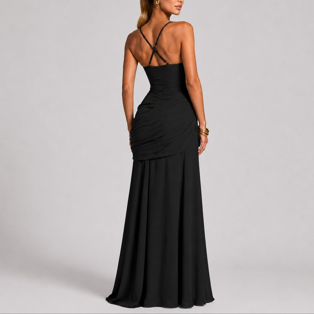 Damen Elegantes Gerafftes Maxi Hochzeitskleid Abendkleid Quadratausschnitt