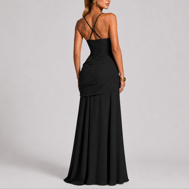 Damen Elegantes Gerafftes Maxi Hochzeitskleid Abendkleid Quadratausschnitt